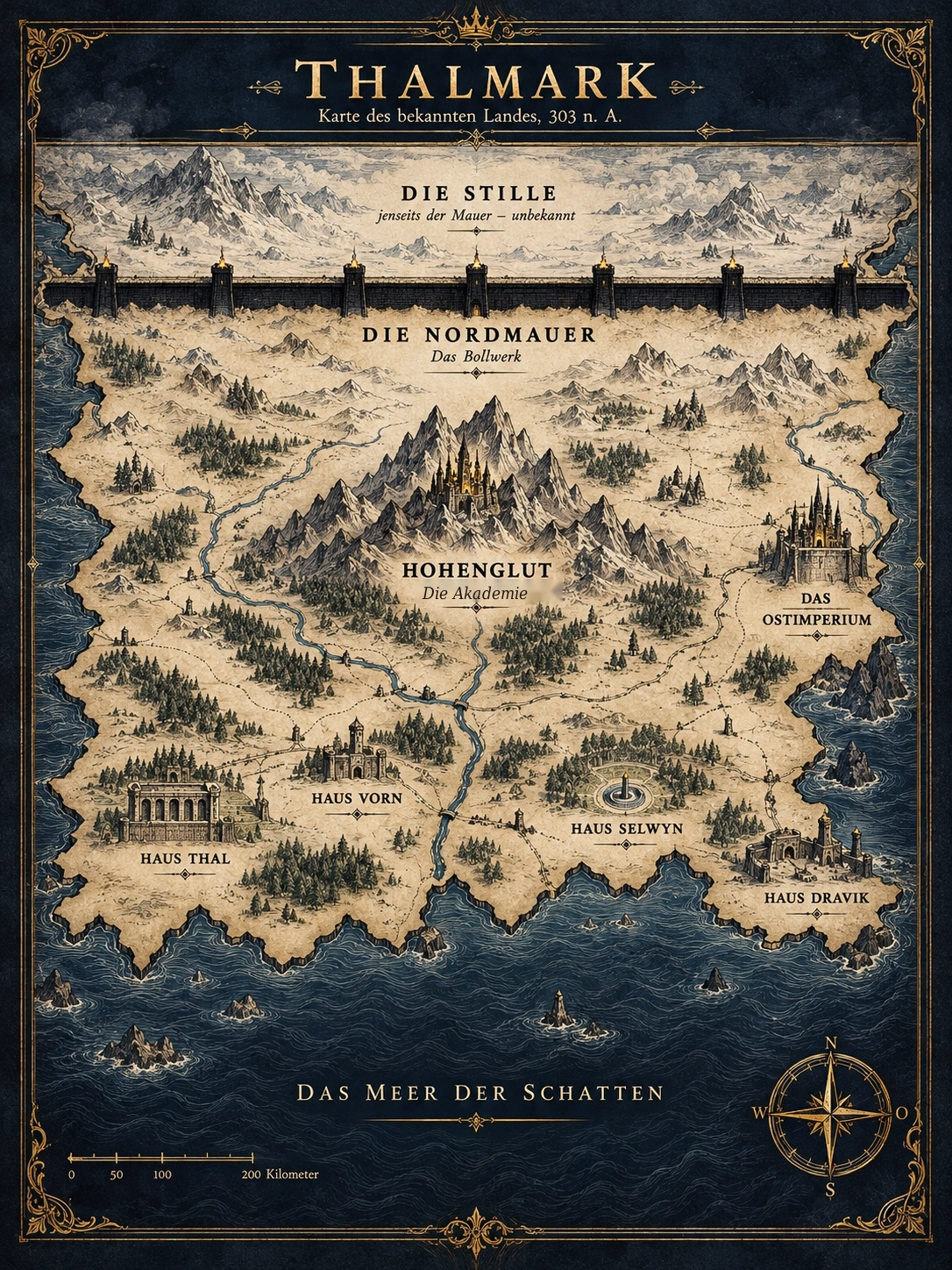 Original-Landkarte Thalmark: Im Norden Die Stille jenseits der Nordmauer, südlich Hohenglut, östlich das Ostimperium, im Süden die Häuser Thal, Vorn, Selwyn und Dravik sowie das Meer