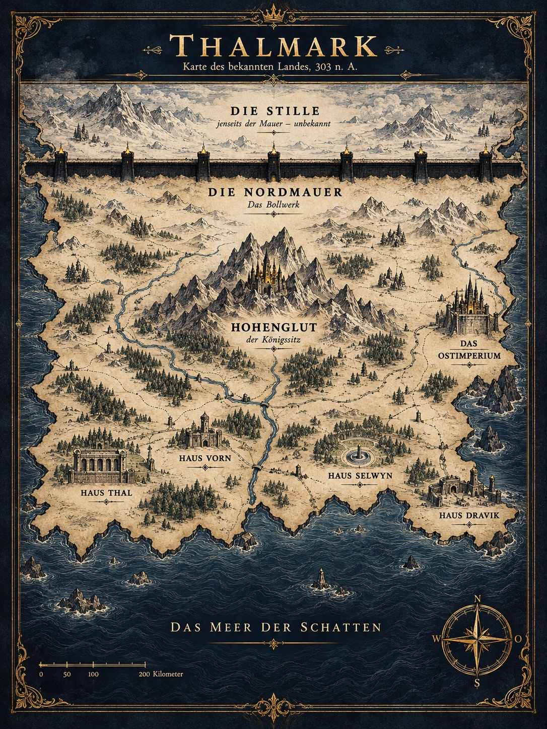 Original-Landkarte Thalmark: Im Norden Die Stille jenseits der Nordmauer, südlich Hohenglut, östlich das Ostimperium, im Süden die Häuser Thal, Vorn, Selwyn und Dravik sowie das Meer